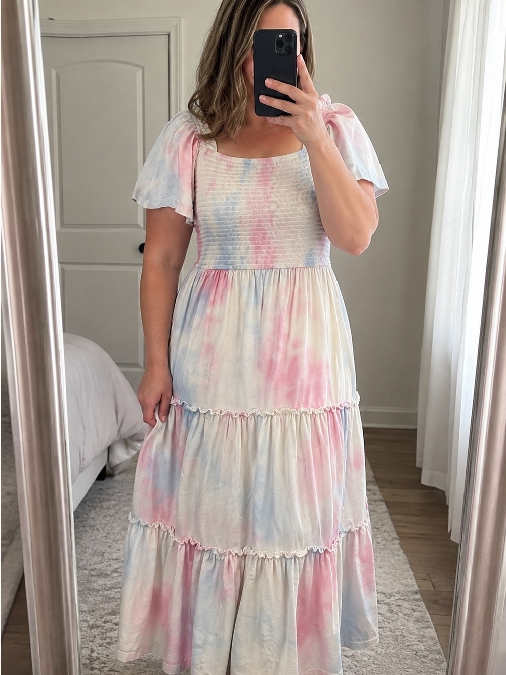 Ivy City Co Tie Dye Smocked Tiered Maxi Dress Flutter Sleeve Cotton Size M